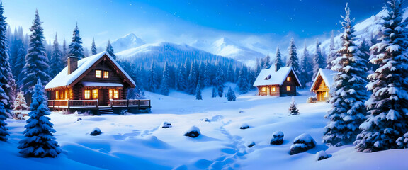 Winter Wonderland: A snowy landscape with pine trees, a cozy cabin, and falling snowflakes.
