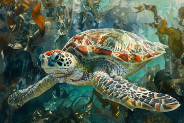 Obraz premium Details of a majestic sea turtle gliding through a lush kelp forest in a stunning watercolor painting.