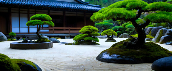 Zen Garden: A tranquil Japanese zen garden with raked sand and bonsai trees.