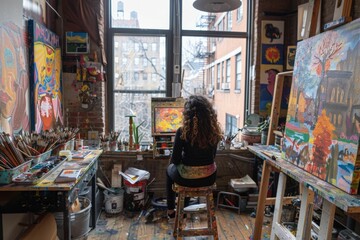 Obraz premium Capture the essence of artistic passion with a wideangle view environmental portrait Show a woman dedicated to painting in her sunlit studio
