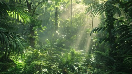 Lush green forest scene with dappled sunlight. Ideal for nature photography, wallpapers, and relaxation resources.