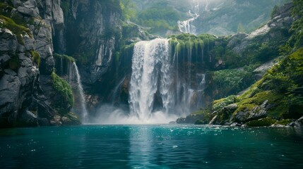 Fototapeta premium Majestic glacier waterfall, turquoise pool, lush vegetation, rugged cliffs. Cascading waterfall with crystal clear water, dramatic landscape.