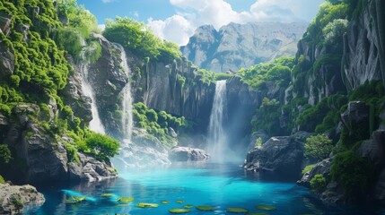 Majestic glacier waterfall, turquoise pool, lush vegetation, rugged cliffs. Cascading waterfall with crystal clear water, dramatic landscape. - Powered by Adobe