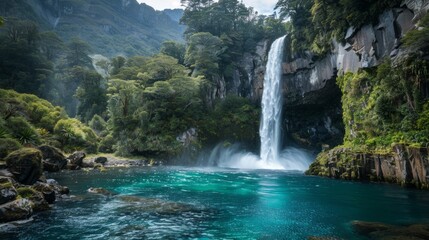 Fototapeta premium Majestic glacier waterfall, turquoise pool, lush vegetation, rugged cliffs. Cascading waterfall with crystal clear water, dramatic landscape.