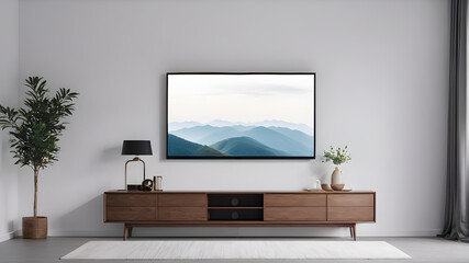 Mockup minimalist a cabinet television wall mounted with decoration in living room and white wall Generative AI