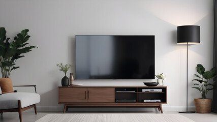 Mockup minimalist a cabinet television wall mounted with decoration in living room and white wall Generative AI