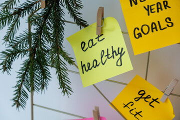 EAT HEALTHY goal on Dream board promises and aims. Preparation for new year new life new me....