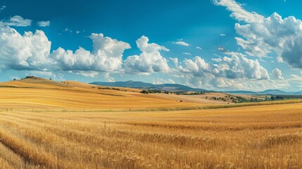 Fototapeta premium Panoramic countryside landscape with golden wheat fields. Sun-drenched golden wheat swaying gently in the breeze.