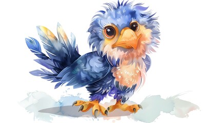 Obraz premium Colorful watercolor painting of a cute blue bird with vibrant feathers and expressive eyes. Perfect for children's books and art projects.