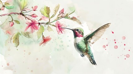 Watercolor painting of a hummingbird feeding from pink flowers, featuring delicate brushstrokes and soft pastel colors.