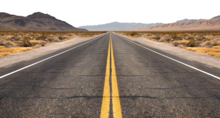 Straight asphalt road with yellow line in the desert, cut out