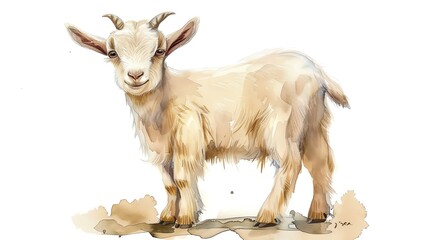 A detailed watercolor painting of a cute baby goat standing, with a serene and calm expression on a white background.