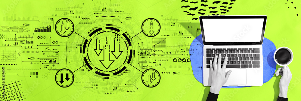Poster descending arrows with person using a laptop computer