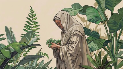 Saint Fiacre Tending Garden, Patron Saint of Gardeners, Serene Expression, Biblical Illustration, Beige Background, Copyspace