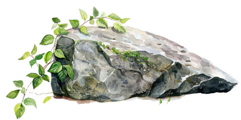 Stone with Green Plants Illustration on Transparent Background