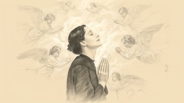 Biblical Illustration of Saint Gemma Galgani experiencing a mystical vision surrounded by angels, deep prayer, peaceful room, divine light, beige background, copyspace