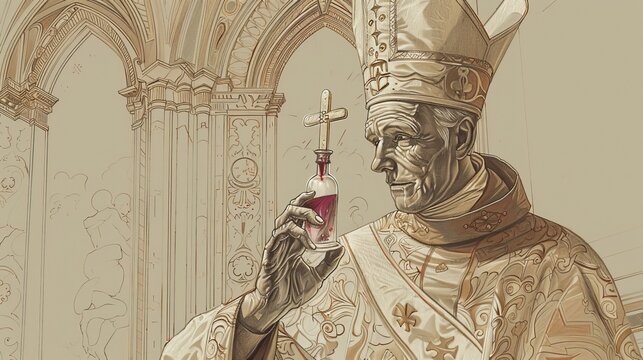 Saint Januarius Holding Vial of Blood, Miracle of Liquefaction, Dramatic Cathedral Setting, Biblical Illustration on Beige Background