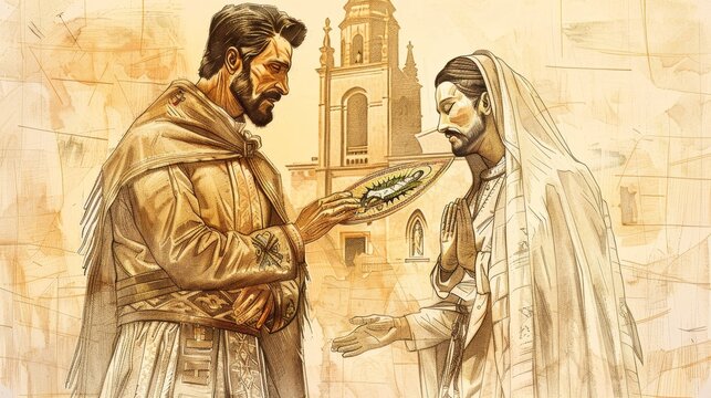 Biblical Illustration of Saint Juan Diego showing the tilma with the image of Our Lady of Guadalupe to the bishop, visionary experience, serene expression, beige background, copyspace