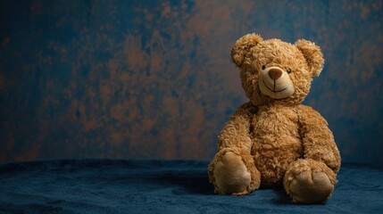 Cute teddy bear on dark blue background childhood toy concept cozy soft plush stuffed animal