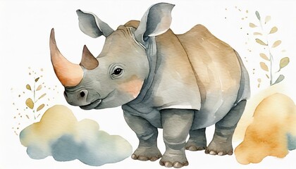 Fototapeta premium Cheerful Rhino - watercolor illustration