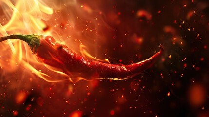 Fiery red chili pepper in flames close-up spicy food heat concept hot burning background