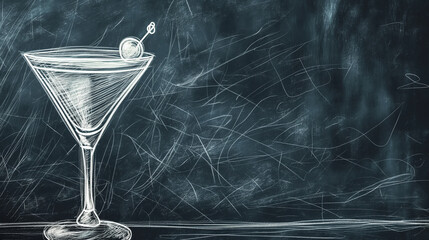 A hand-drawn chalkboard design of a martini recipe, adding a rustic and casual feel, chalkboard design, National Martini Day, with copy space