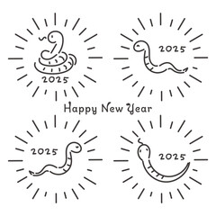 Fototapeta premium 2025年 巳年の年賀状 シンプルな蛇のイラストと太陽光線のフレーム