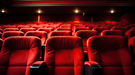 Rows of empty red cinema theater seats in modern movie theater