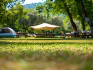 Sunny Camping Field with Canopy Tent Tables and Chairs in Shade