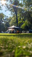 Sunny Camping Field with Canopy Tent Folding Tables and Chairs and Lush Grass