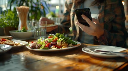 Fototapeta premium Restaurant owner photographing food for website and social media. Capturing appetizing food images on a smartphone.