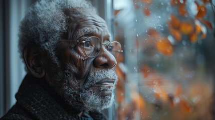 sad depressed old black man spending time alone looking out of the window, patiently waiting with copy space.