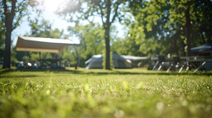 Obraz premium Sunlit Grass Field at a Tranquil Camping Site with Canopy Tent and Folding Furniture