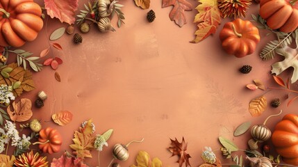Autumn theme border copy space text template with dried leaves and pumpkin fruit decoration background.