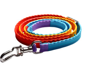 A colorful leash with a metal clip
