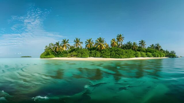 A tranquil tropical beach with palm trees,  crystall clear waters, and a blue sky