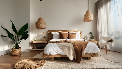 White bedroom interior.Earth tones design.3d rendering,bed, bedroom, room, hotel, interior, furniture, home