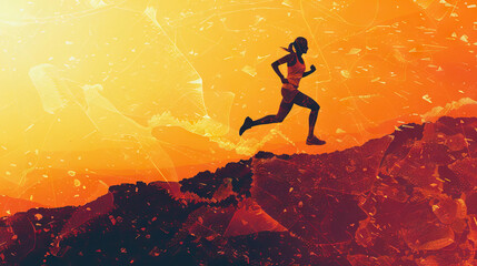 Naklejka premium a mountain trail running competition, silhouette woman runner running up with minimalist fantastic background with copy space.