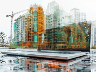 Architect Working on Laptop with Double Exposure of Construction Site and Architectural Designs