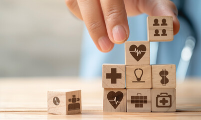 Symbols of health insurance and medicine, wooden blocks with health care icons, Generative AI、健康保険と医療の象徴、ヘルスケアアイコンが描かれた木製ブロック、Generative AI