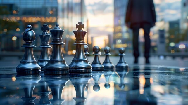 Business strategy and tactics visualized through chess metaphor. Creative business strategy and competitive analysis concept.

