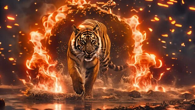 The tiger leaps over the ring of fire.