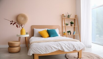 Minimalistic composition of bedroom interior with wooden bed, shelf, flowers in vase, rattan lamp, books and elegant accessories. Beautiful bed sheets, blanket and pillow. Template. Design home ...