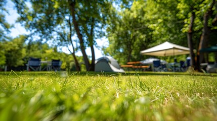 Sunlit Grass Field at a Serene Camping Site with Canopy Tent and Folding Furniture