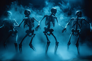 Fototapeta premium A spooky scene of skeletons dancing in the shadows, with mist and eerie lighting