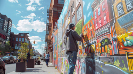 Fototapeta premium City Mural Art in Progress by Street Artist