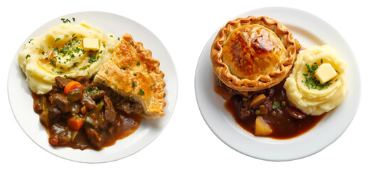 Steak pie with mash potato peas, puff pastry crust, isolated PNG food, transparent cutout, top view