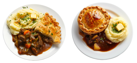 Steak pie with mash potato peas, puff pastry crust, isolated PNG food, transparent cutout, top view