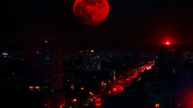Video animation of night scene with a large red moon hanging over a cityscape. The city is mostly shrouded in darkness, but some areas are illuminated by artificial lights
