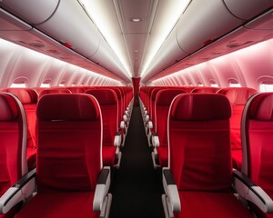 Fototapeta premium A highresolution image of an empty airliner cabin, focusing on the red seats with white headrests arranged in orderly rows, with soft lighting to emphasize the cleanliness and comfort of the aircrafts